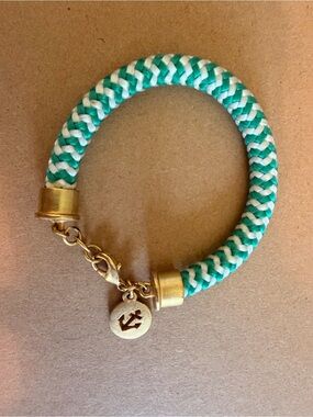 Teal and White Braided Rope Watch Bracelet with Gold Anchor Charm